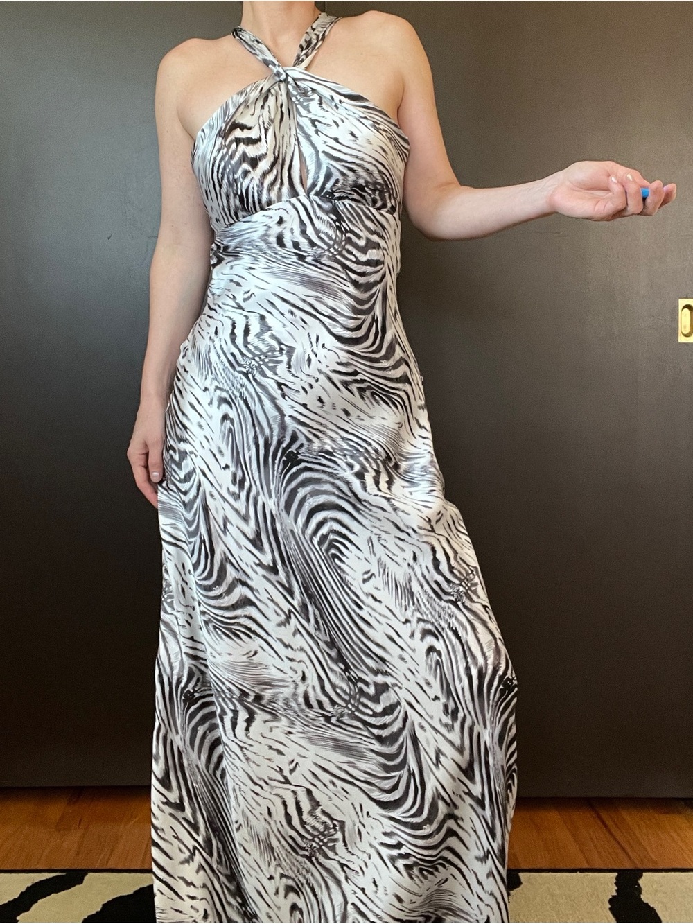 Silk Halter Zebra-Print Maxi Dress in Black & White